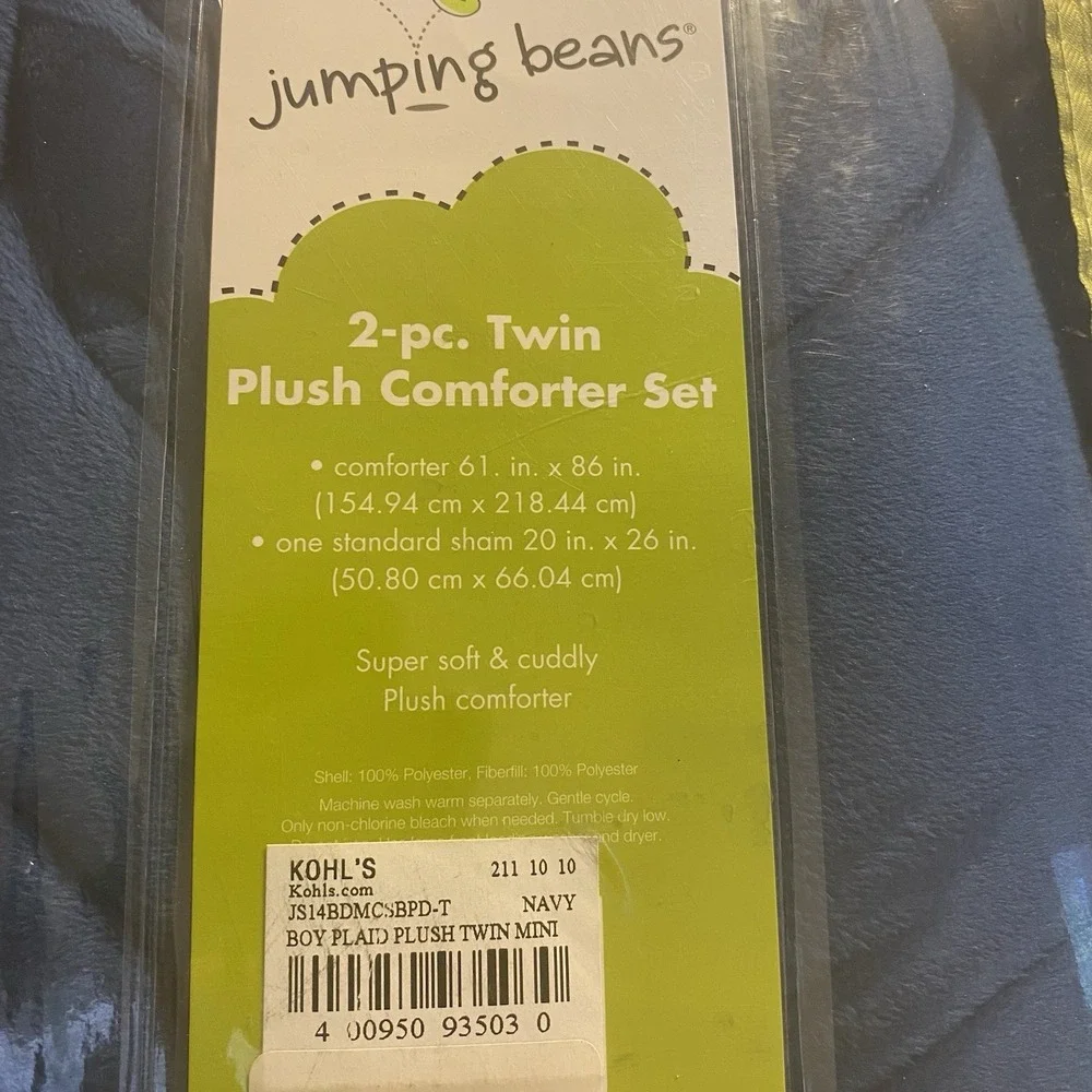 NEW Twin Plush Comforter Sham 2piece set Navy Blue windowpain Plaid Jumping bean